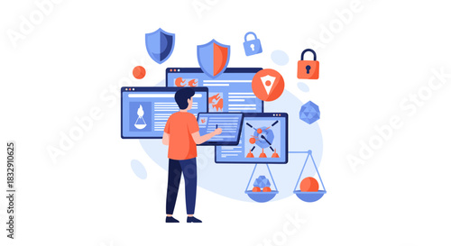 Data security analyst monitors cyber threats, ensuring robust protection for business assets with digital shields and balance, originally a scalable vector graphic