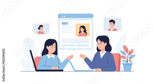 Engaging online meeting illustration featuring two women collaborating on laptops with profile icons, perfect for virtual collaboration and teamwork concepts