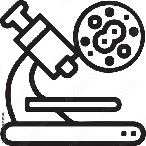 Microscope with petri dish and syringe silhouette representing scientific research and medical examination isolated on transparent background