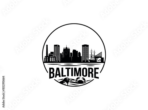 Baltimore city skyline emblem with landmarks and bold city text