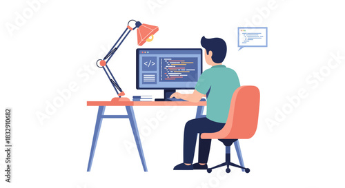 Programmer Coding at Desk Illustration