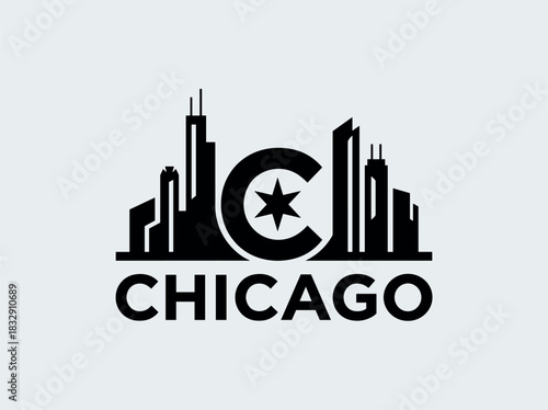 Chicago city skyline emblem with landmarks and bold city text