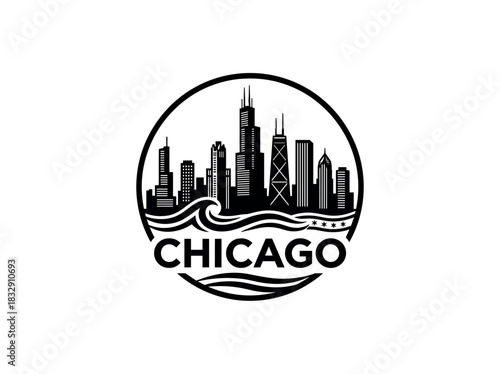 Chicago city skyline emblem with landmarks and bold city text