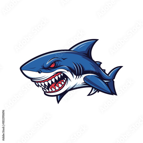 Aggressive blue shark with sharp teeth and red eyes on white background Keywords: shark, blue shark, aggressive, angry, menacing, sharp teeth, red eyes, predator, Christmas
