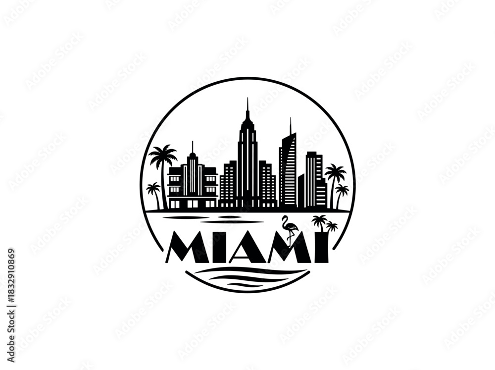 Fototapeta premium Miami city skyline emblem with landmarks and bold city text