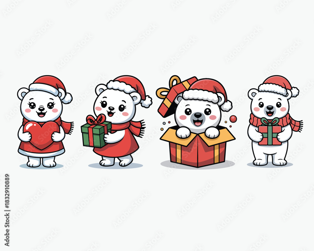 Obraz premium Four adorable polar bears dressed for christmas and holding gifts