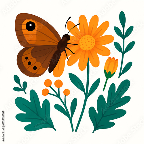 Minimalist and vibrant vector collection of different butterfly species sitting on spring and summer flowers. Flat design for digital projects, greeting cards, and nature-themed graphics.