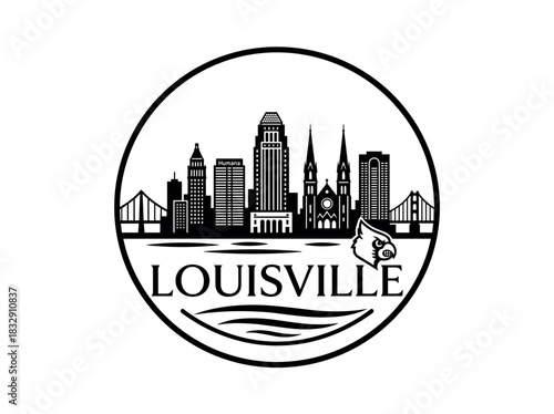 Louisville city skyline emblem with landmarks and bold city text