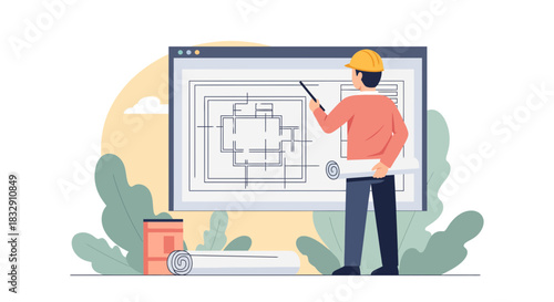 Architect pointing to blueprint on screen, planning construction project, engineering design with precision, architect overseeing building plan details with care