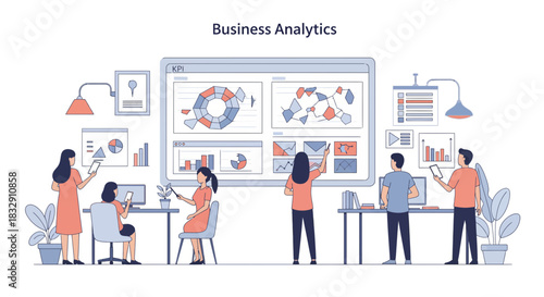 Modern business analytics team collaborating on KPI dashboards, visualizing data insights for strategic growth and informed decision-making, scalable graphic