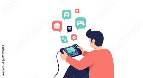 Immersive gaming experience with mobile console and vibrant notifications, a digital entertainment and social connection illustration for technology enthusiasts