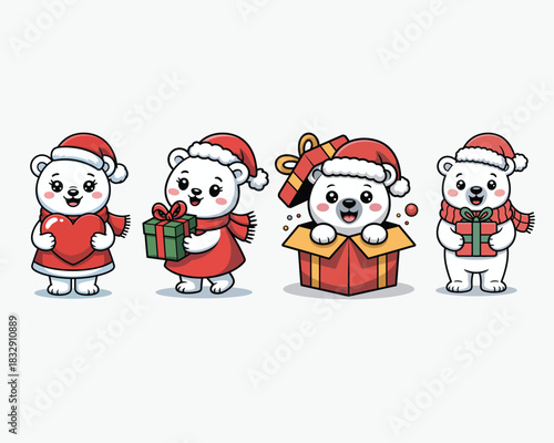 Four adorable polar bears dressed for christmas and holding gifts