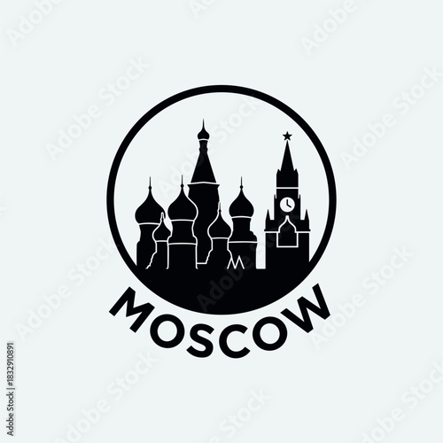 Moscow city skyline emblem with landmarks and bold city text