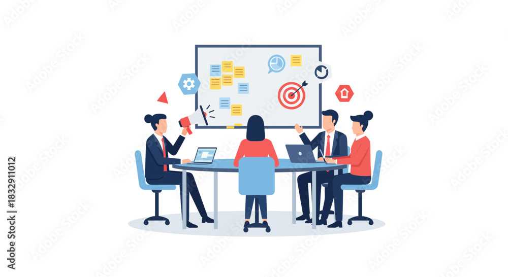 Fototapeta premium Dynamic team brainstorming for success, presenting innovative ideas and setting strategic goals during a collaborative modern office meeting