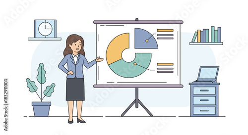 Dynamic businesswoman presenting financial data with modern flair, perfect for corporate presentations and business reports, with scalable vector origin