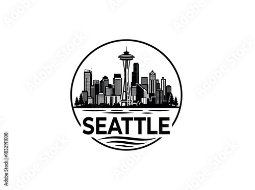 Seattle city skyline emblem with landmarks and bold city text