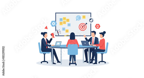 Dynamic team brainstorming for success, presenting innovative ideas and setting strategic goals during a collaborative modern office meeting