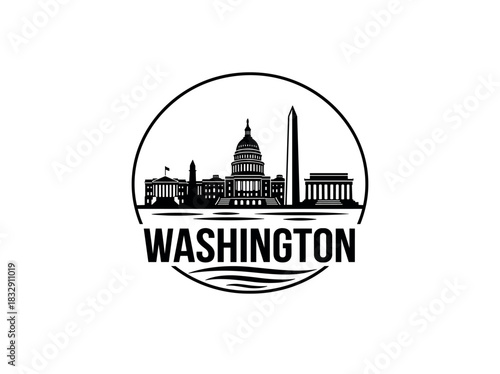 Washington city skyline emblem with landmarks and bold city text