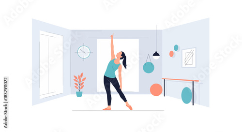 Elegant woman stretching in a bright modern exercise studio, a vector graphic suitable for fitness and wellness brands, promoting health and activity