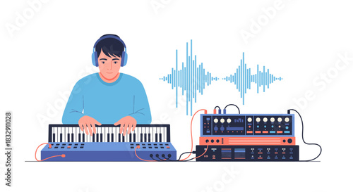 Musician creates electronic music with synthesizer, headphones, and audio equipment, perfect for sound design, music production, and audio engineering projects