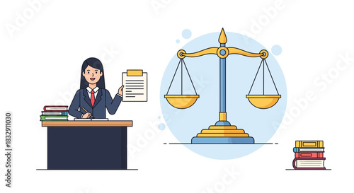 Professional female lawyer at her desk with legal documents and classic scales of justice, perfect for legal services marketing or law firm branding