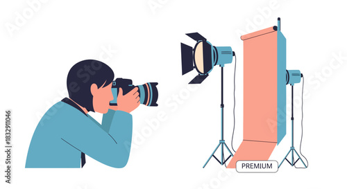 Dynamic illustration of a photographer in action with professional studio lighting setup, perfect for creative projects and media design, originally a scalable graphic