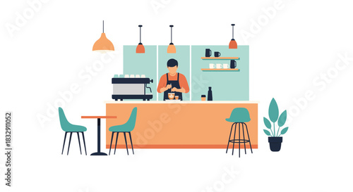 Stylish coffee shop scene with barista preparing espresso, inviting atmosphere for cafe business, originally vector art, scalable for branding needs