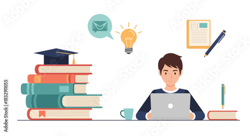 Inspired student studying with laptop, books, and idea lightbulb, perfect for education, online learning, and academic achievement visuals for learning platforms