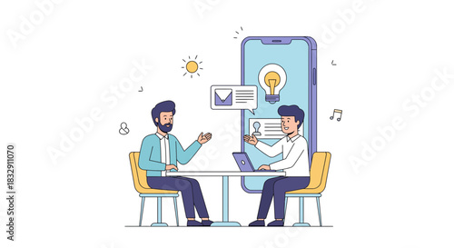 Dynamic business discussion between two professionals, innovative mobile app idea, modern collaboration, team brainstorming session, strategy planning meeting