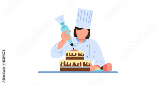 Skilled pastry chef decorating a delicious two-tiered cake with creamy frosting, perfect for bakery promotions, culinary schools, and cake decorating tutorials