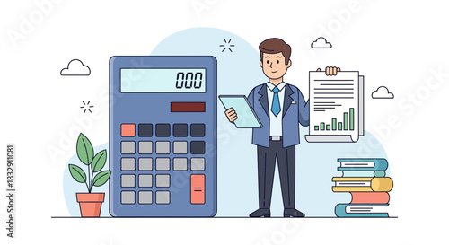 Accountant Analyzing Financial Data with Calculator, Charts, and Books for Business Growth Planning, Professional Financial Strategy and Success