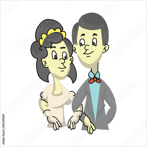 Vector illustration of a bride and groom standing together. The groom wears a grey suit and the bride wears a cream wedding dress. Romantic wedding concept