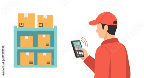 Delivery driver scanning packages in warehouse for fast shipping, ensuring reliable service with modern technology for efficient supply chain management