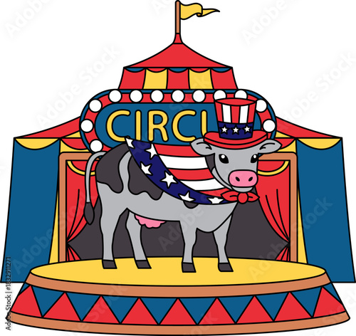 A cow is standing on a stage in front of a circus tent