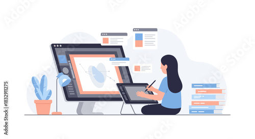 Creative woman working on graphic design project using tablet and computer, bringing innovative ideas to life with modern digital tools and artistic skill