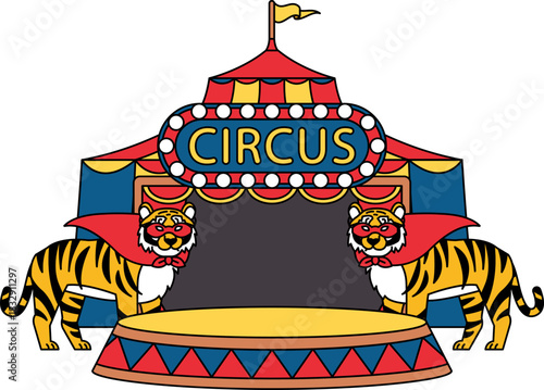 A circus tent with two tigers standing in front of it