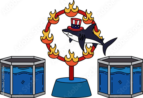 A shark in an American flag hat jumping in a fish tank