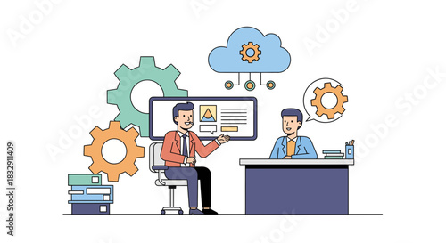 Innovative meeting for collaborative strategies, two professionals brainstorming with cloud and data driven insights, teamwork and solutions, modern business