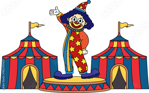 A clown stands on a stage in front of a circus tent