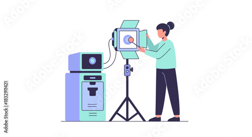 Professional lighting setup with female operator adjusting equipment for a photoshoot, creating a modern, vibrant atmosphere ready for creative work