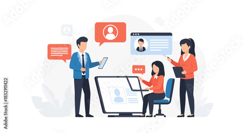 Modern team collaborating on social media strategy with digital profiles, sharing feedback and ideas for enhanced online presence and engagement