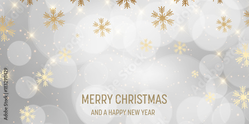 Christmas banner with gold snowflakes and bokeh lights design