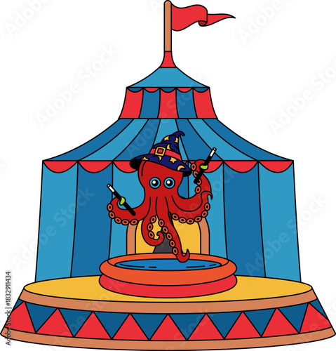 An octopus is performing in a circus tent