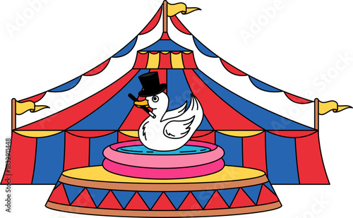 A circus tent with a duck in a pool