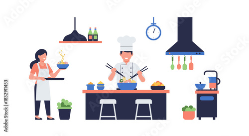 Modern kitchen scene with chef preparing noodles and server bringing dish, vibrant culinary experience perfect for cooking blogs and food-related businesses