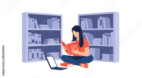 Engrossed student reading a book in cozy library setting with laptop nearby offering modern flexibility for study, knowledge, and academic success