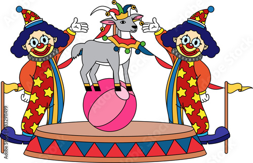 Two clowns are performing a circus act with a goat on a ball