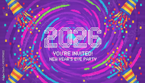 A 2026 invitation party flyer digital glitch text neon confetti swirl pixel art style purple background vibrant celebration festive fireworks retro arcade vibe new year banner event poster design