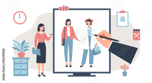 Fashion designer creating sketches of stylish outfits, a modern take on fashion design, perfect for blogs, websites and social media, from vector design