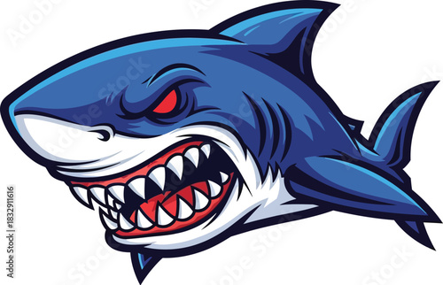 Fierce Blue Shark with Sharp Teeth and Red Eyes Aggressively Grinning on Christmas White Background predator marine